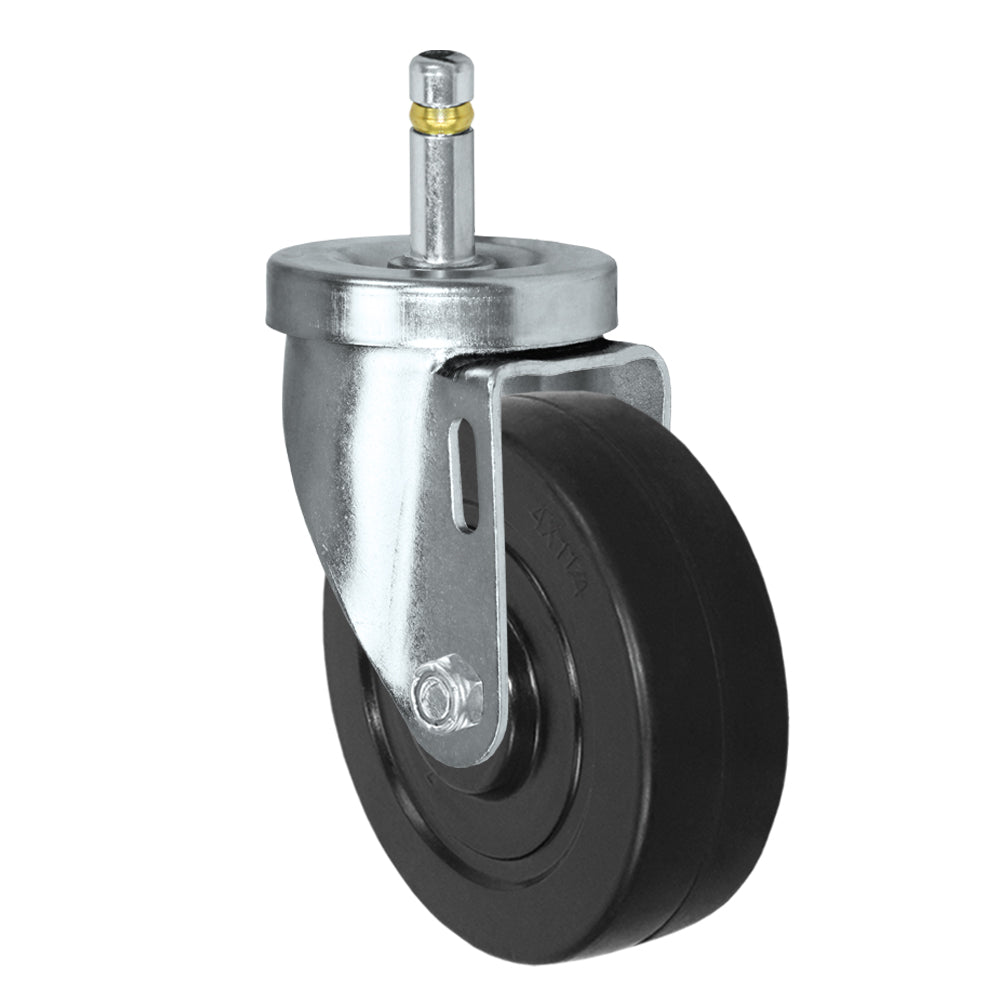 Swivel caster, 4" x 1-1/4" hard rubber wheel, Grip ring stem 7/16 x 1-3/8"