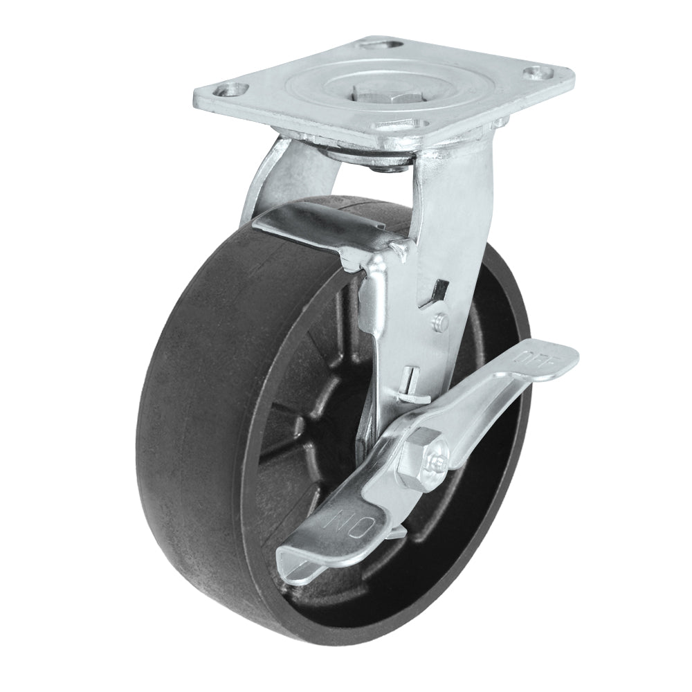 Swivel + side brake caster, 6" x 2" glass-filled nylon wheel, Plate 4 x 4-1/2"