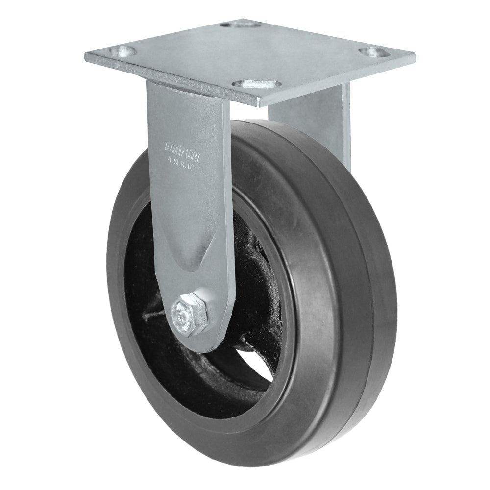 Rigid caster, 6" x 2" rubber on steel wheel, Plate 4 x 4-1/2"
