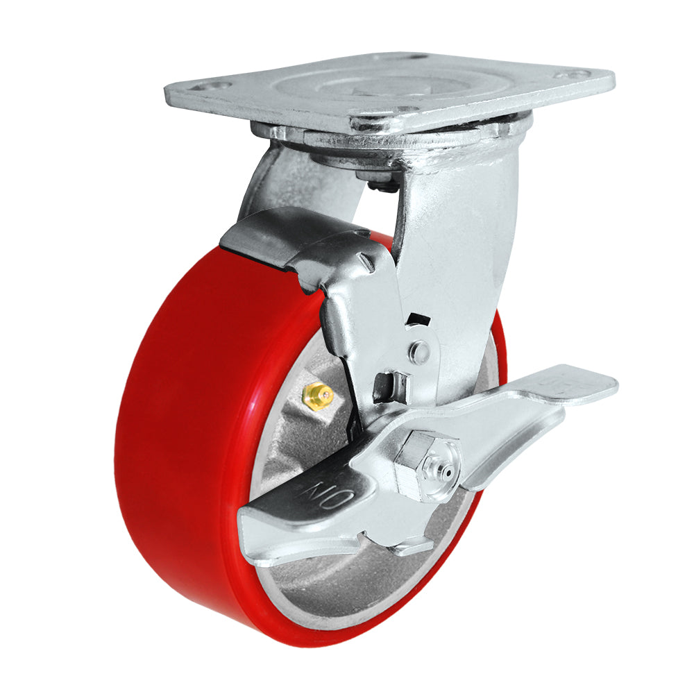 Swivel + side brake caster, 5" x 2" polyurethane on steel wheel, Plate 4 x 4-1/2"