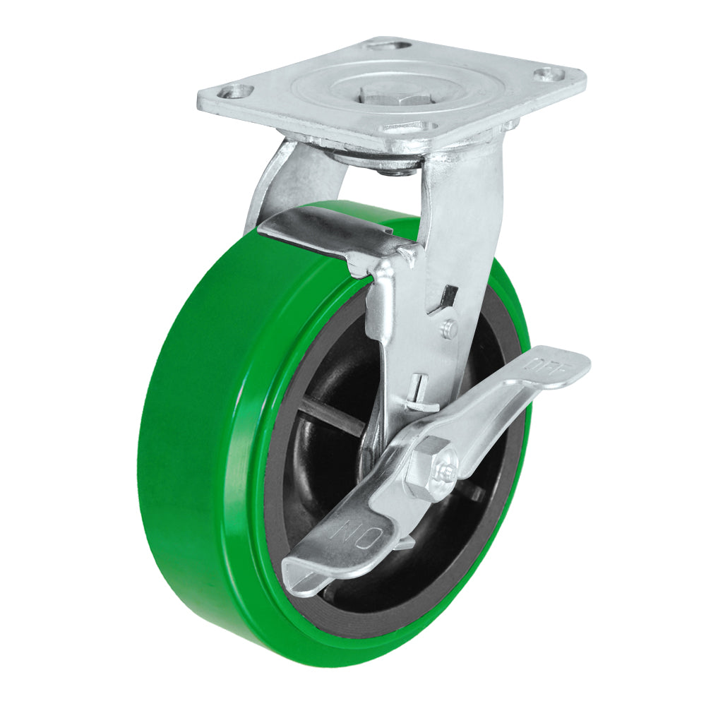 Swivel + side brake caster, 6" x 2" polyurethane on glass-filled nylon wheel, Plate 4 x 4-1/2"