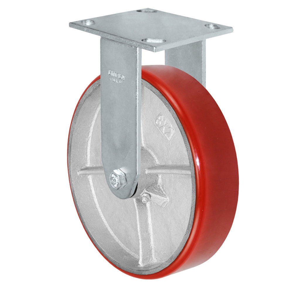 Rigid caster, 8" x 2" polyurethane on steel wheel, Plate 4 x 4-1/2" (photo from a matching CasterHQ rigid)