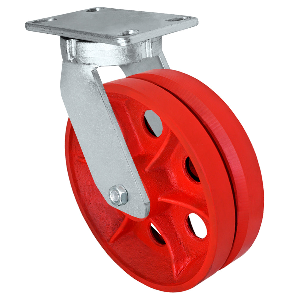 Swivel caster, 10" x 3" v-groove wheel, Plate 4-1/2 x 6-1/4"