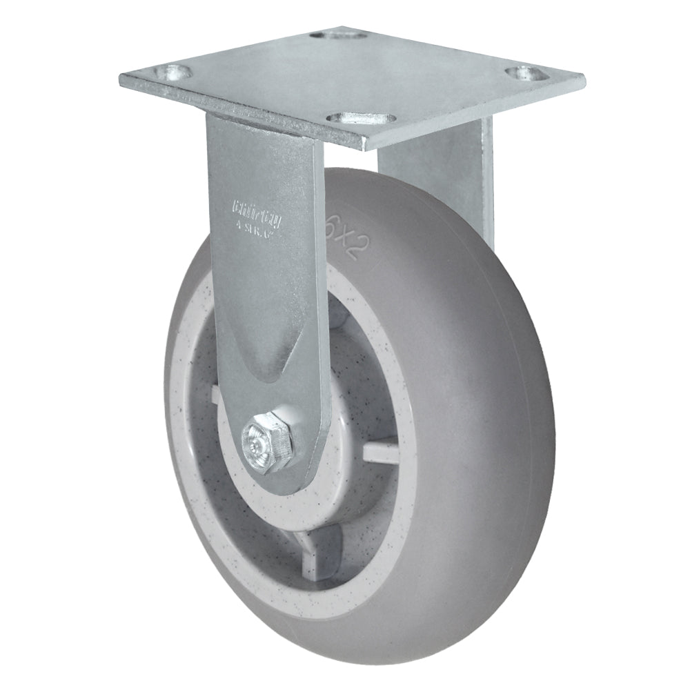 Rigid caster, 6" x 2" duratek donut rubber wheel, Plate 4 x 4-1/2" (photo from a matching CasterHQ rigid)