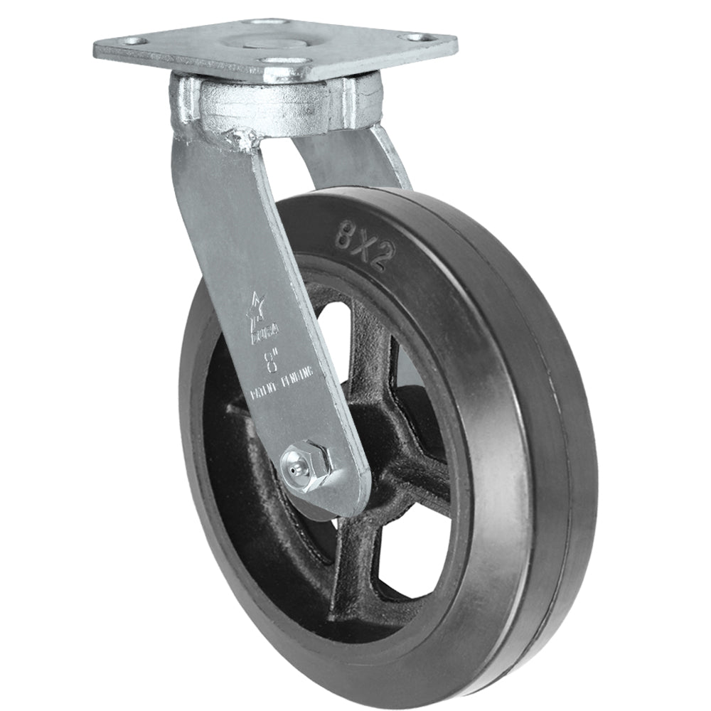 Swivel caster, 8" x 2" rubber on steel wheel, Plate 4 x 4-1/2"