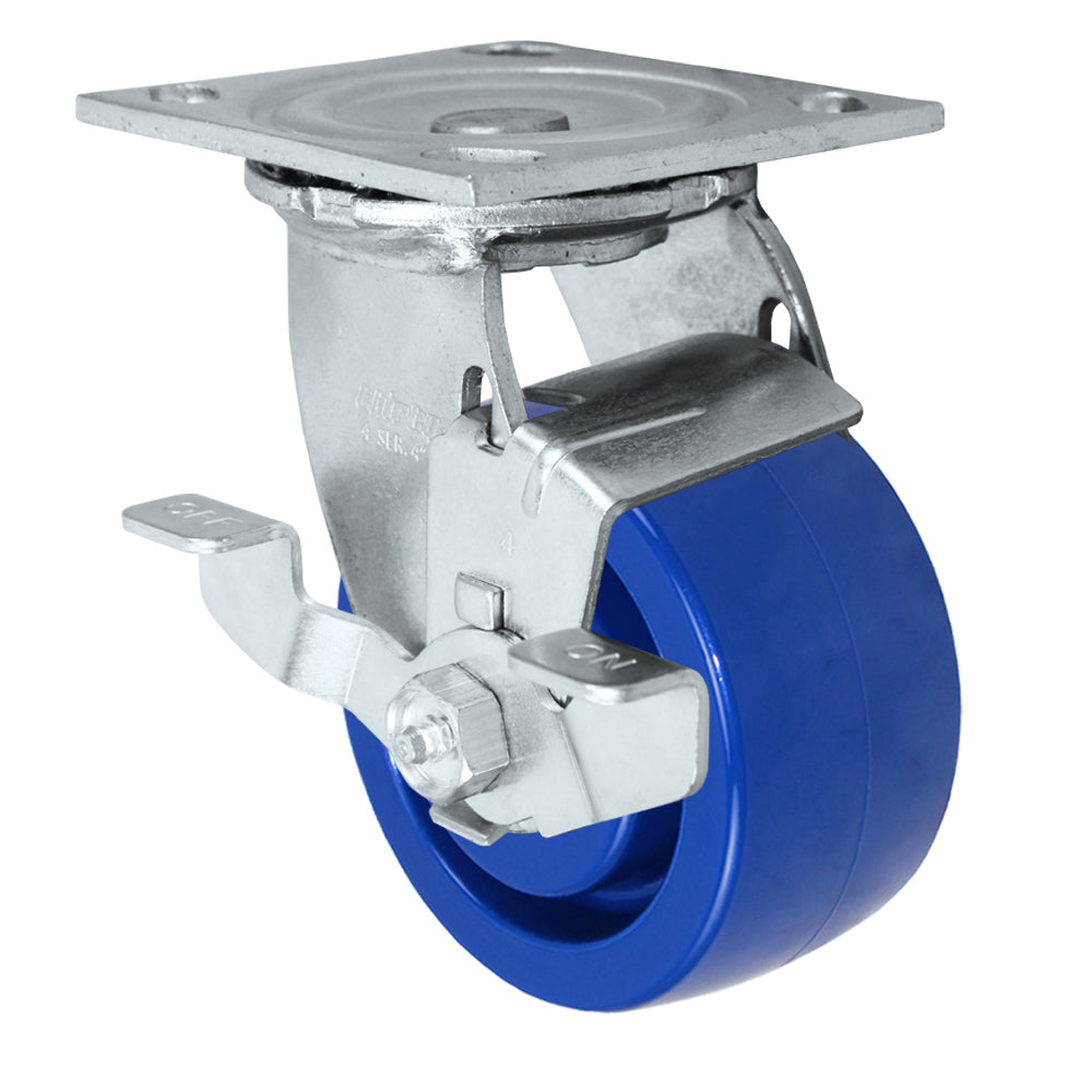 Swivel + side brake caster, 4" x 2" solid polyurethane wheel, Plate 4 x 4-1/2"