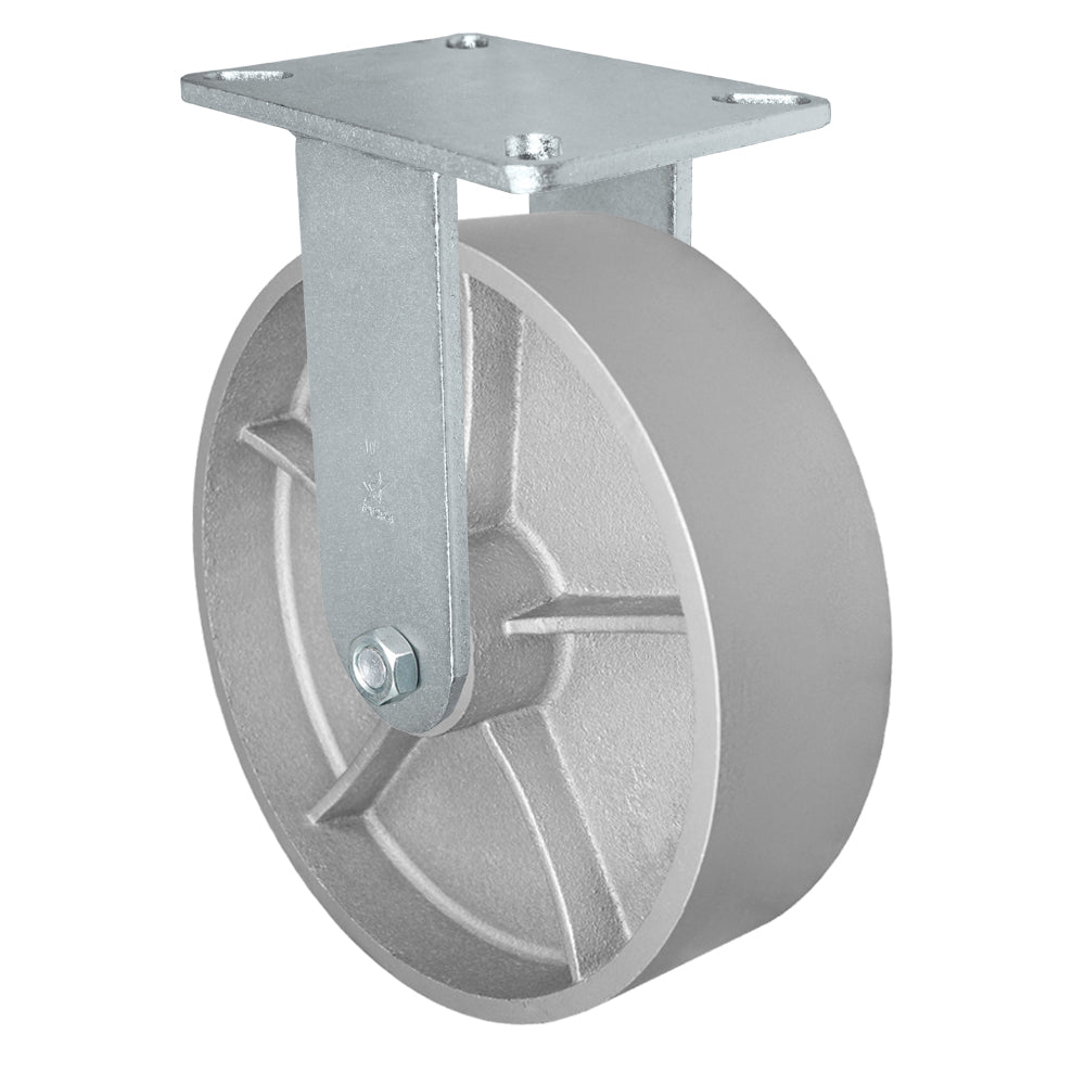 Rigid caster, 10" x 3" semi-steel wheel, Plate 5-1/4 x 7-1/4" (photo from a matching CasterHQ rigid)
