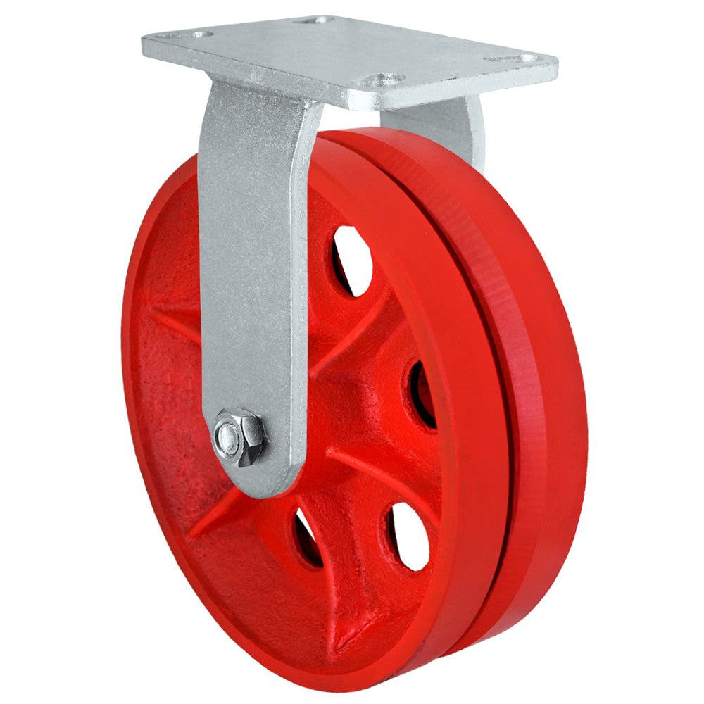 Rigid caster, 10" x 3" v-groove wheel, Plate 4-1/2 x 6-1/4" (photo from a matching CasterHQ rigid)