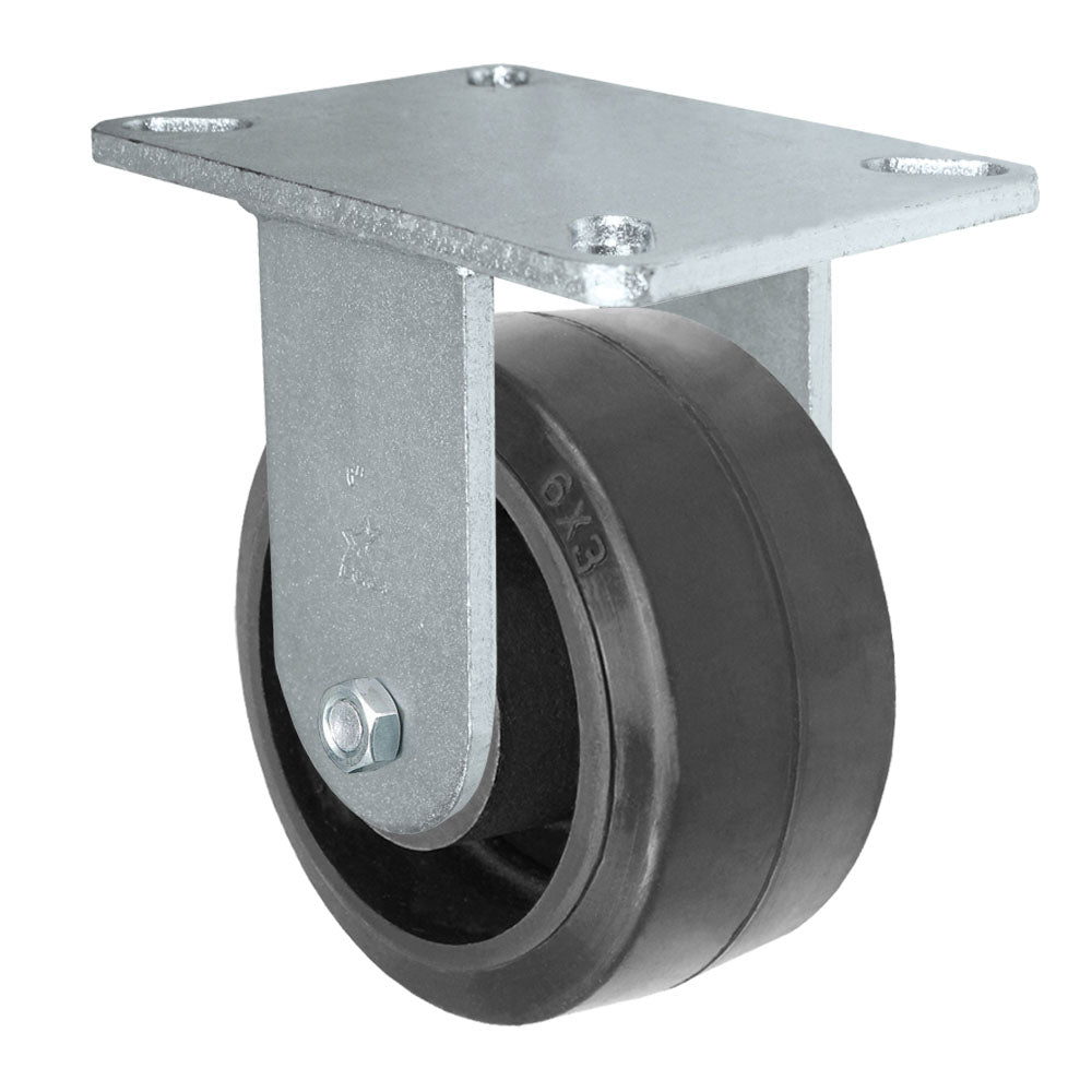 Rigid caster, 6" x 3" rubber on steel wheel, Plate 5-1/4 x 7-1/4" (photo from a matching CasterHQ rigid)