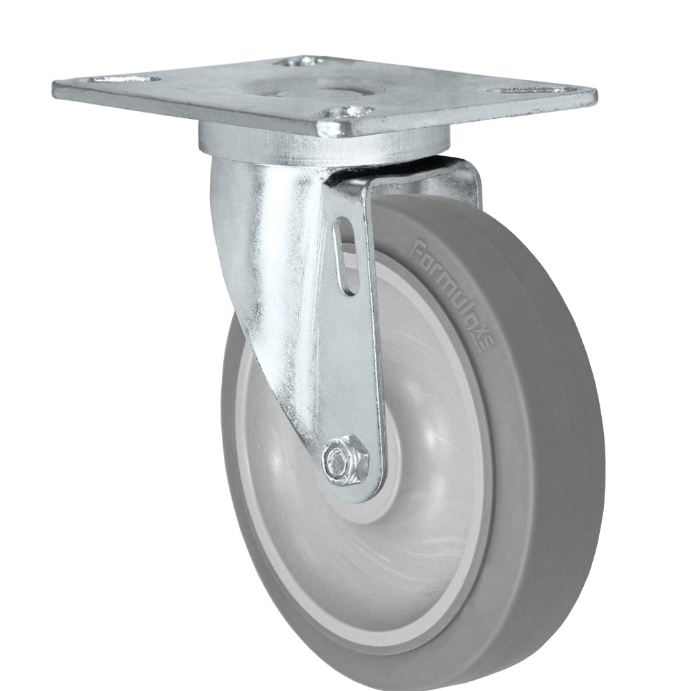 Swivel caster, 5" x 1-1/4" fx thermoplastic rubber wheel, Plate 3-1/8 x 4-1/8"
