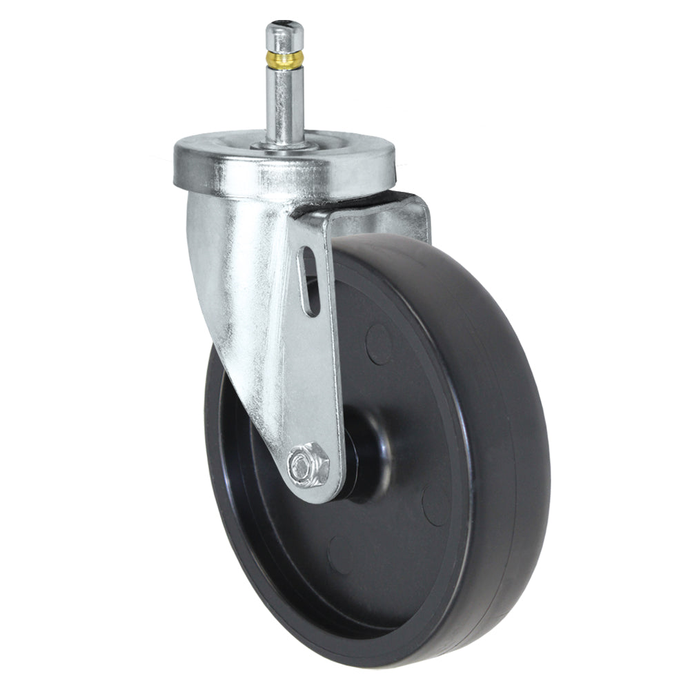Swivel caster, 5" x 1-1/4" polyolefin wheel, Grip ring stem 7/16 x 1-3/8"