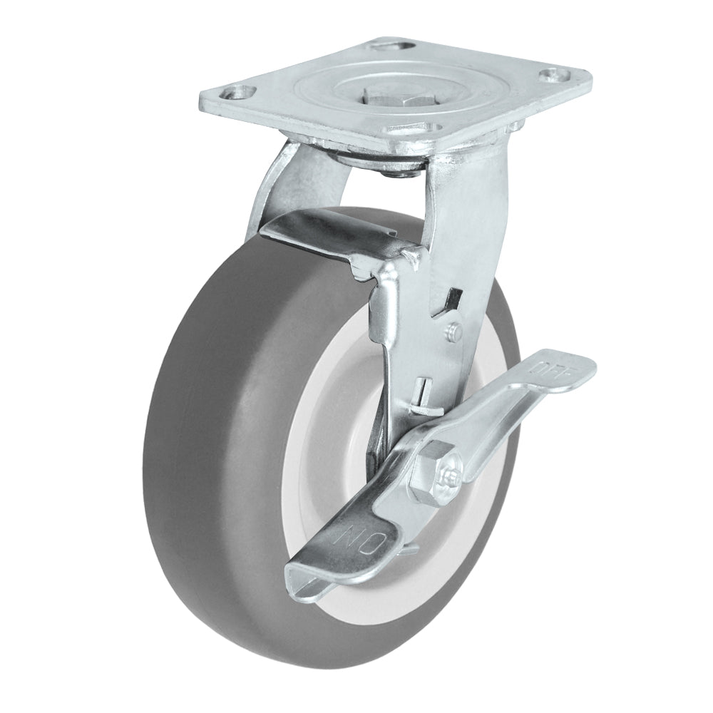 Swivel + side brake caster, 4" x 2" thermoplastic rubber wheel, Plate 4 x 4-1/2"