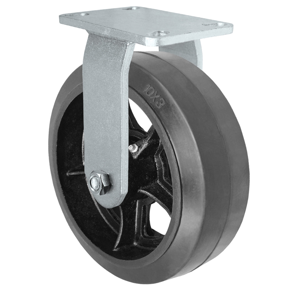 Rigid caster, 10" x 3" rubber on steel wheel, Plate 4-1/2 x 6-1/4" (photo from a matching CasterHQ rigid)