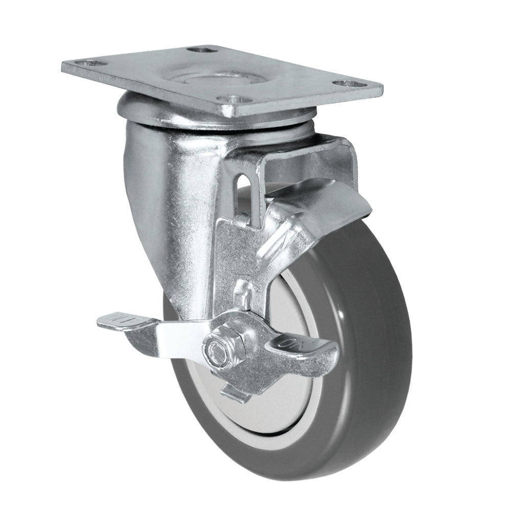 Swivel + side brake caster, 4" x 1-1/4" polyurethane wheel, Plate 2-3/8 x 3-5/8"