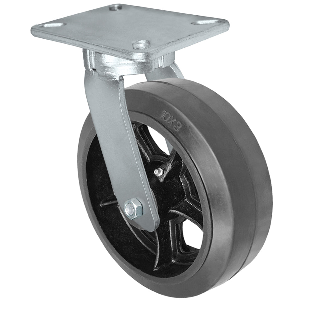 Swivel caster, 10" x 3" rubber on steel wheel, Plate 5-1/4 x 7-1/4"