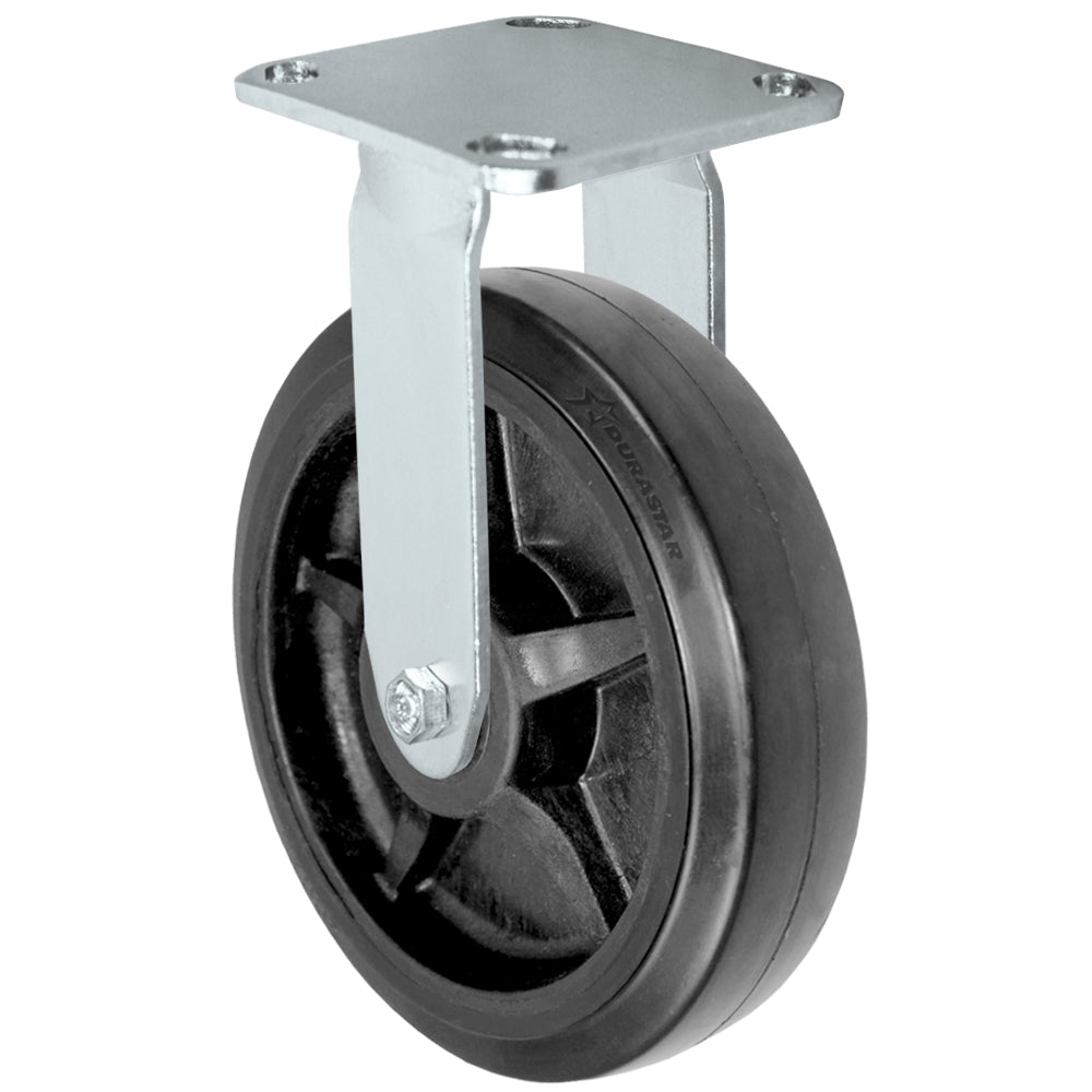 Rigid caster, 8" x 2" rubber on nylon wheel, Plate 4 x 4-1/2"