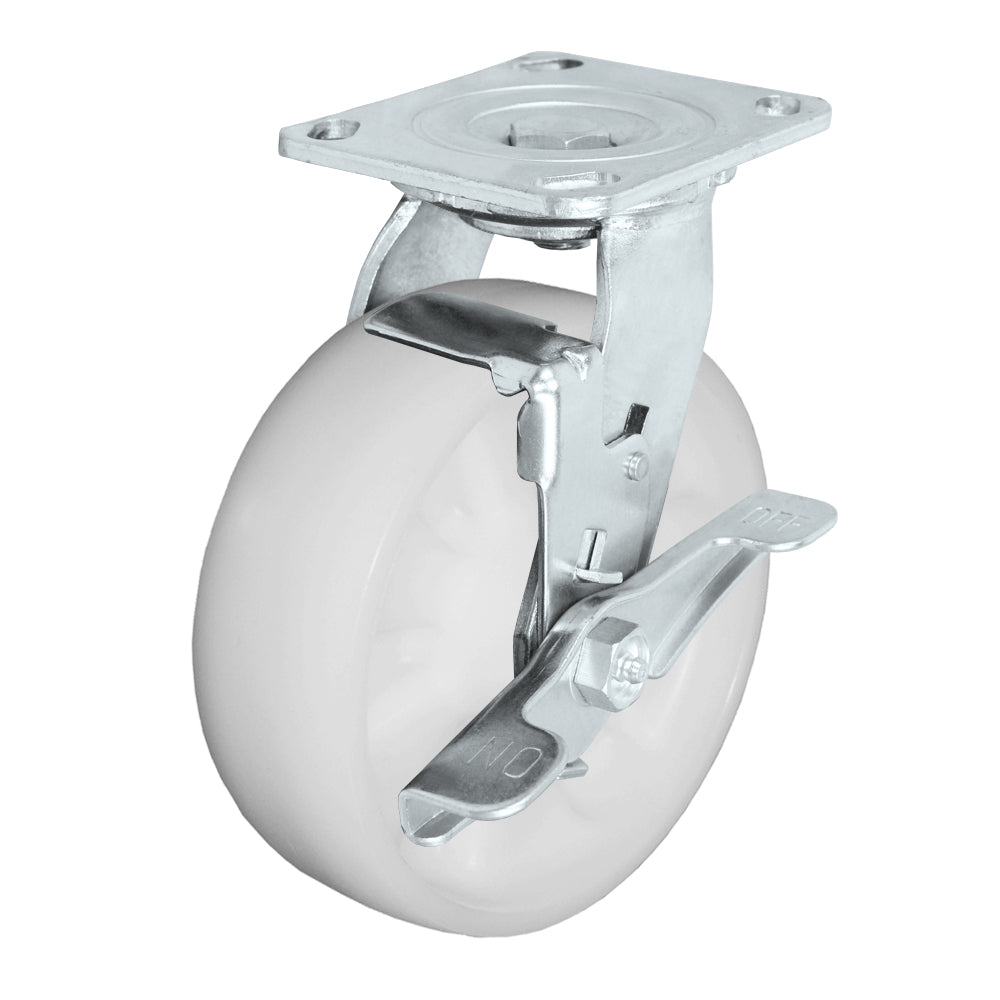 Swivel + side brake caster, 6" x 2" nylon wheel, Plate 4 x 4-1/2"