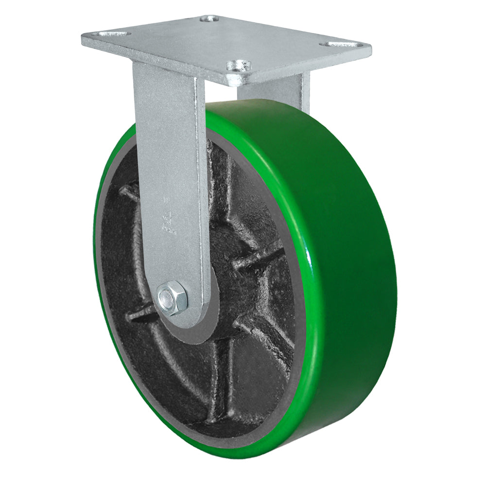 Rigid caster, 10" x 3" polyurethane on steel wheel, Plate 5-1/4 x 7-1/4" (photo from a matching CasterHQ rigid)