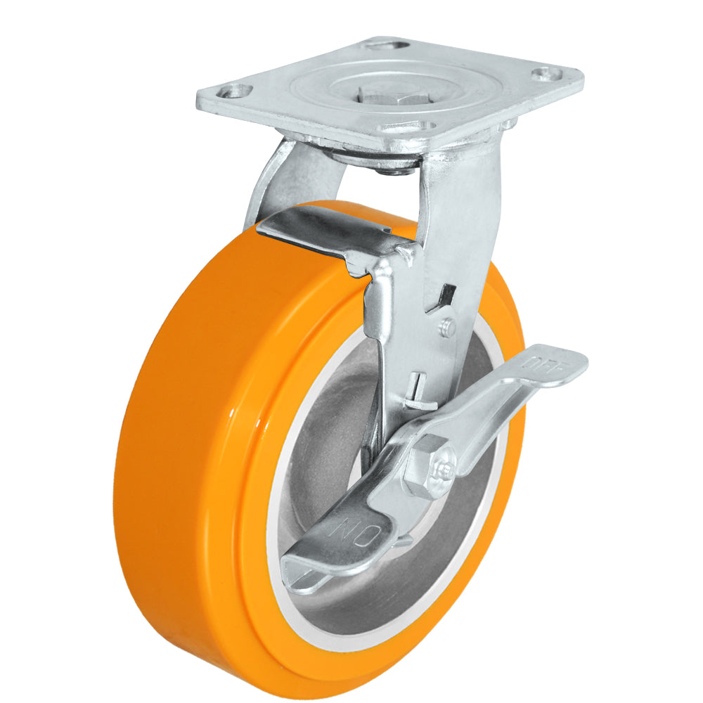 Swivel + side brake caster, 6" x 2" polyurethane on aluminum wheel, Plate 4 x 4-1/2"
