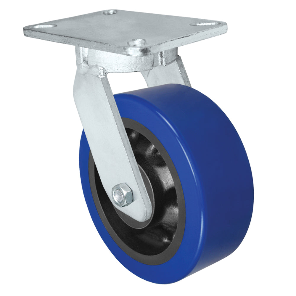 Swivel caster, 8" x 3" polyurethane on nylon wheel, Plate 5-1/4 x 7-1/4"