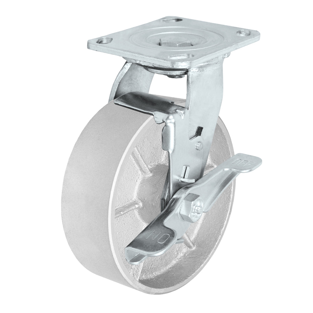 Swivel + side brake caster, 6" x 2" semi-steel wheel, Plate 4 x 4-1/2"