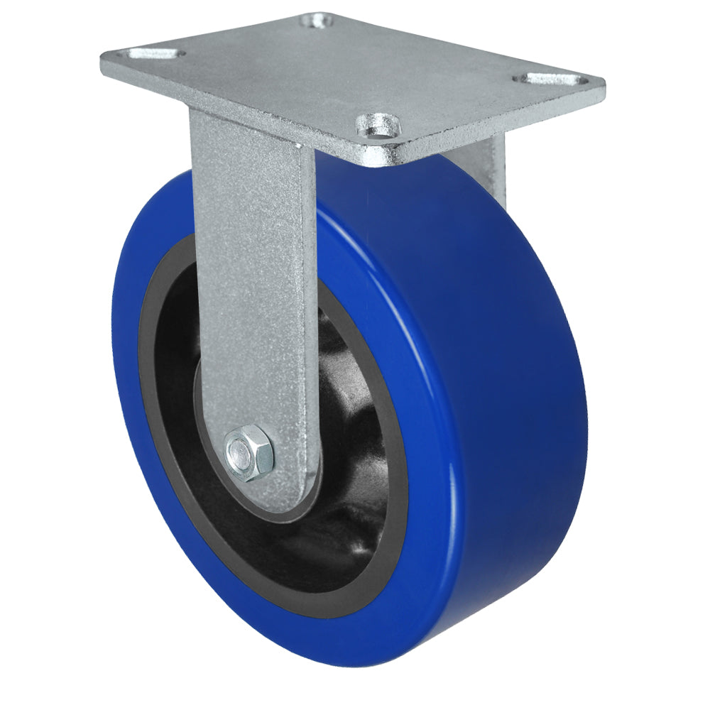 Rigid caster, 8" x 3" polyurethane on nylon wheel, Plate 5-1/4 x 7-1/4" (photo from a matching CasterHQ rigid)