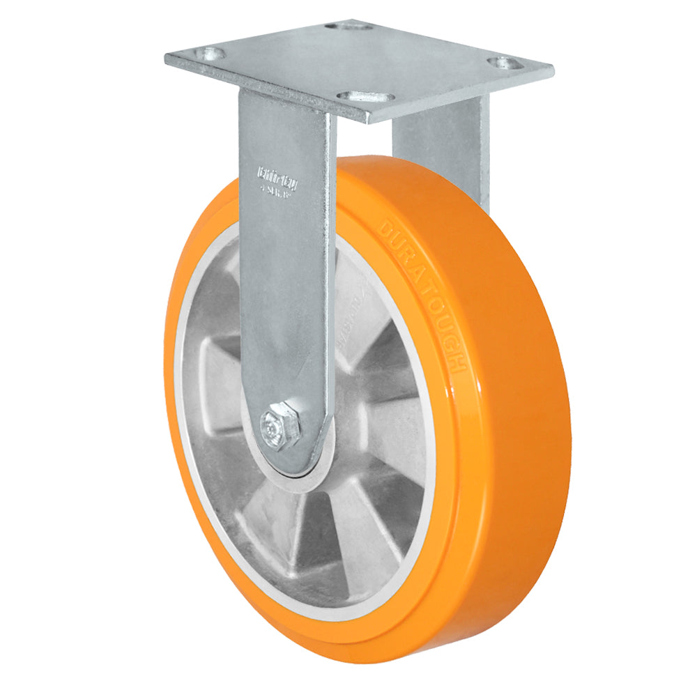 Rigid caster, 8" x 2" polyurethane on aluminum wheel, Plate 4 x 4-1/2" (photo from a matching CasterHQ rigid)