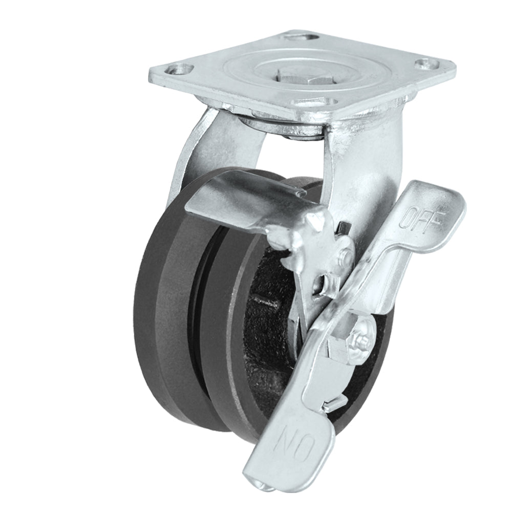 Swivel + side brake caster, 4" x 2" v-groove wheel, Plate 4 x 4-1/2"