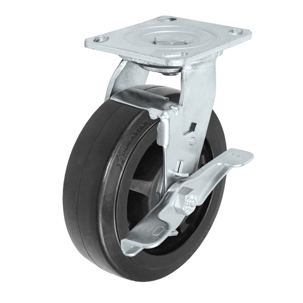 Swivel + side brake caster, 6" x 2" rubber on nylon wheel, Plate 4 x 4-1/2"