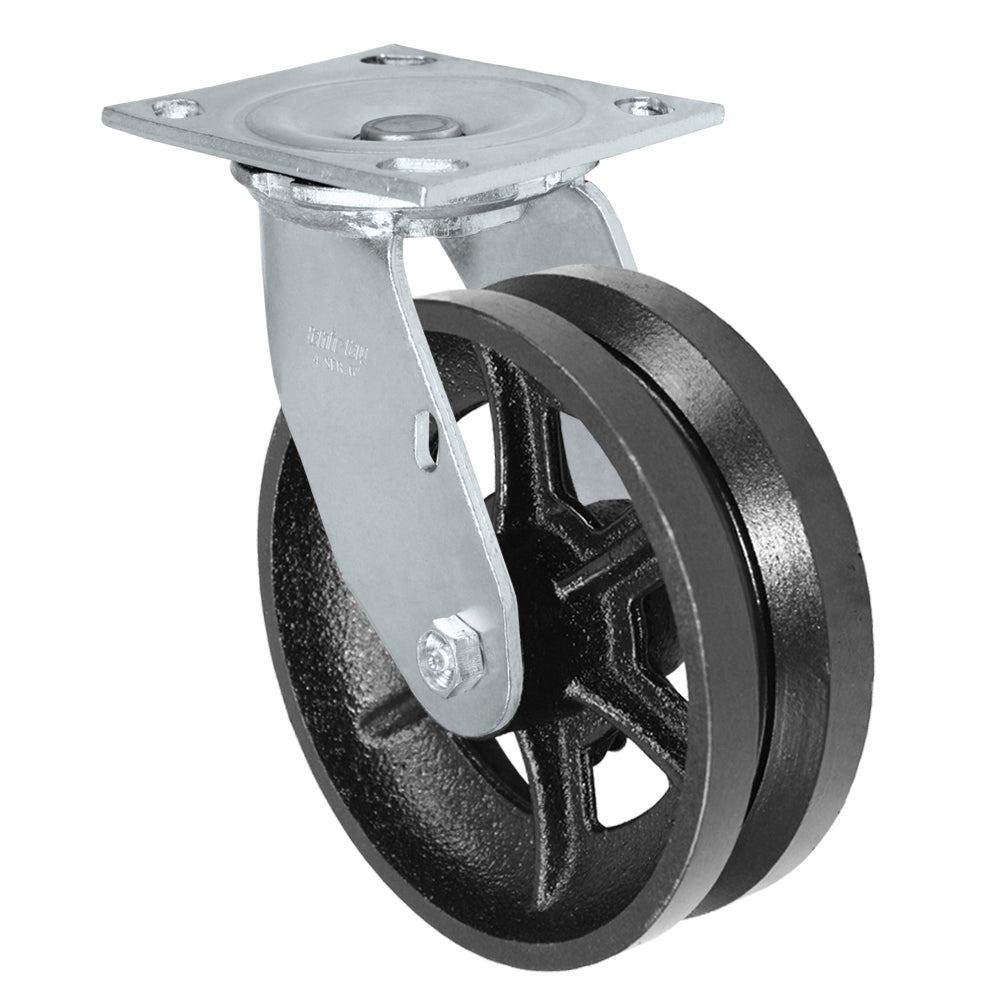 Swivel caster, 6" x 2" v-groove wheel, Plate 4 x 4-1/2"