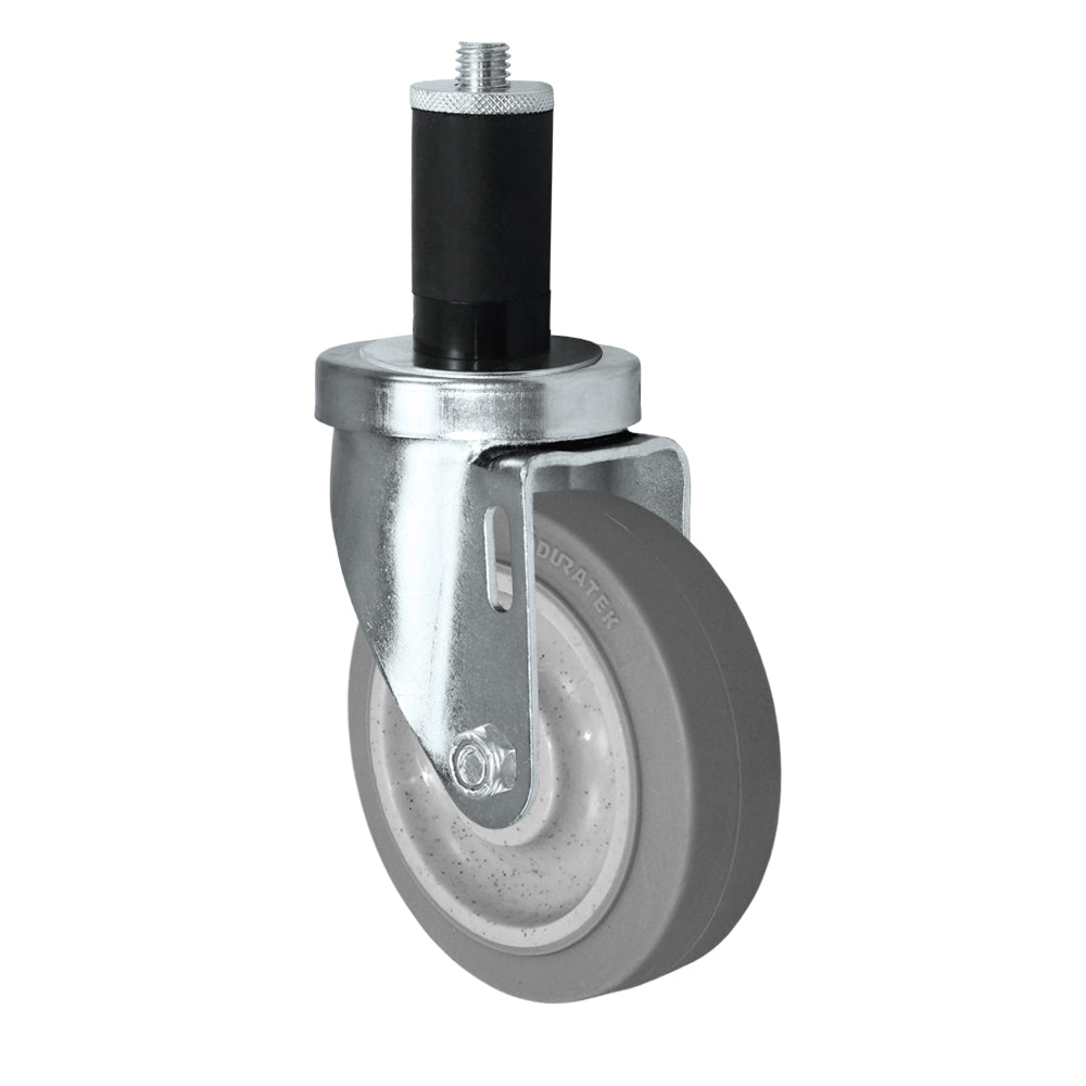 Swivel caster, 4" x 1-1/4" duratek rubber wheel, Expandable stem, 3/4" tube