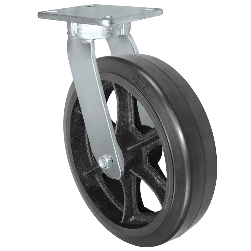 Swivel caster, 12" x 3" rubber on steel wheel, Plate 4-1/2 x 6-1/4"
