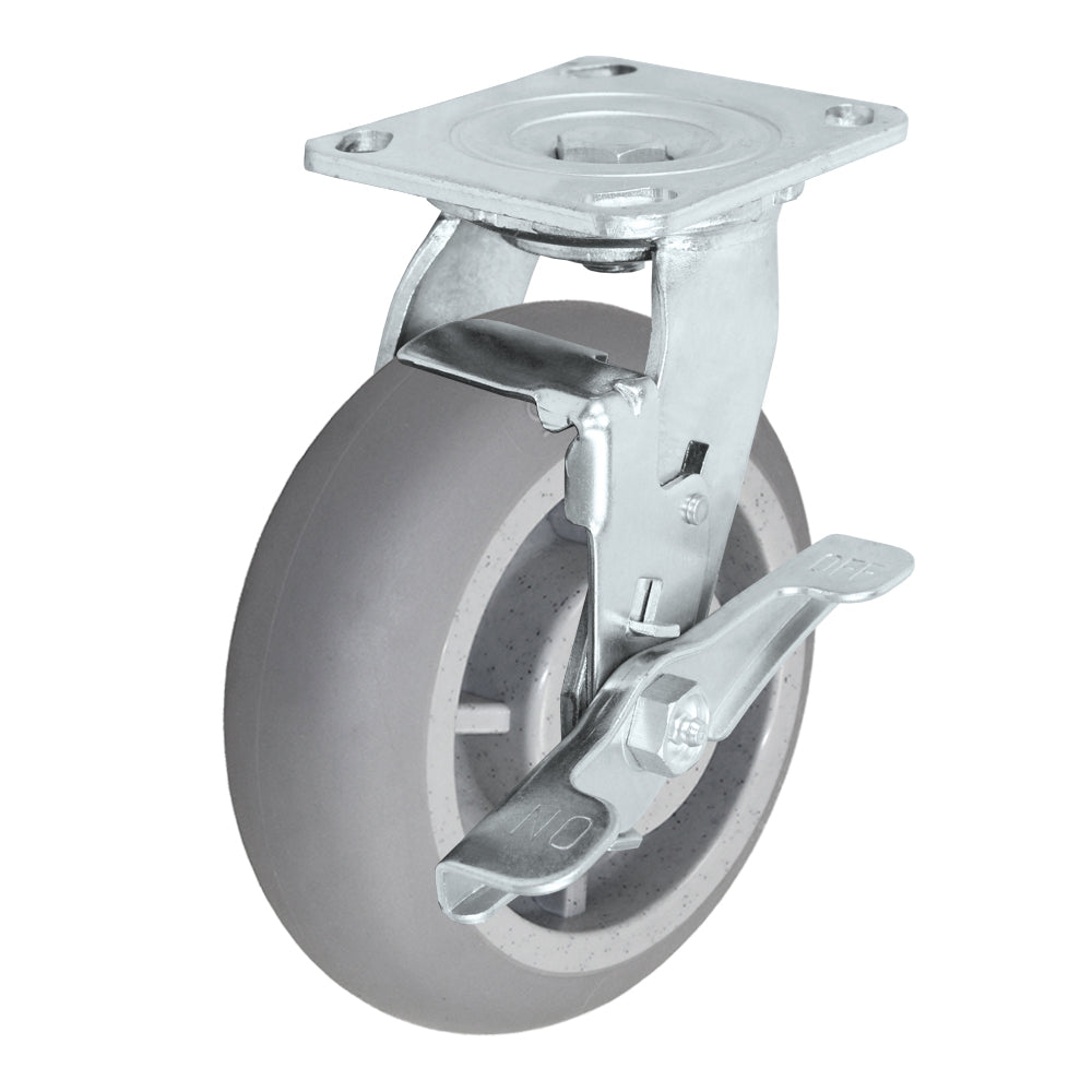 Swivel + side brake caster, 6" x 2" duratek donut rubber wheel, Plate 4 x 4-1/2"