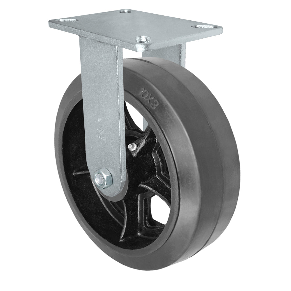 Rigid caster, 10" x 3" rubber on steel wheel, Plate 5-1/4 x 7-1/4" (photo from a matching CasterHQ rigid)