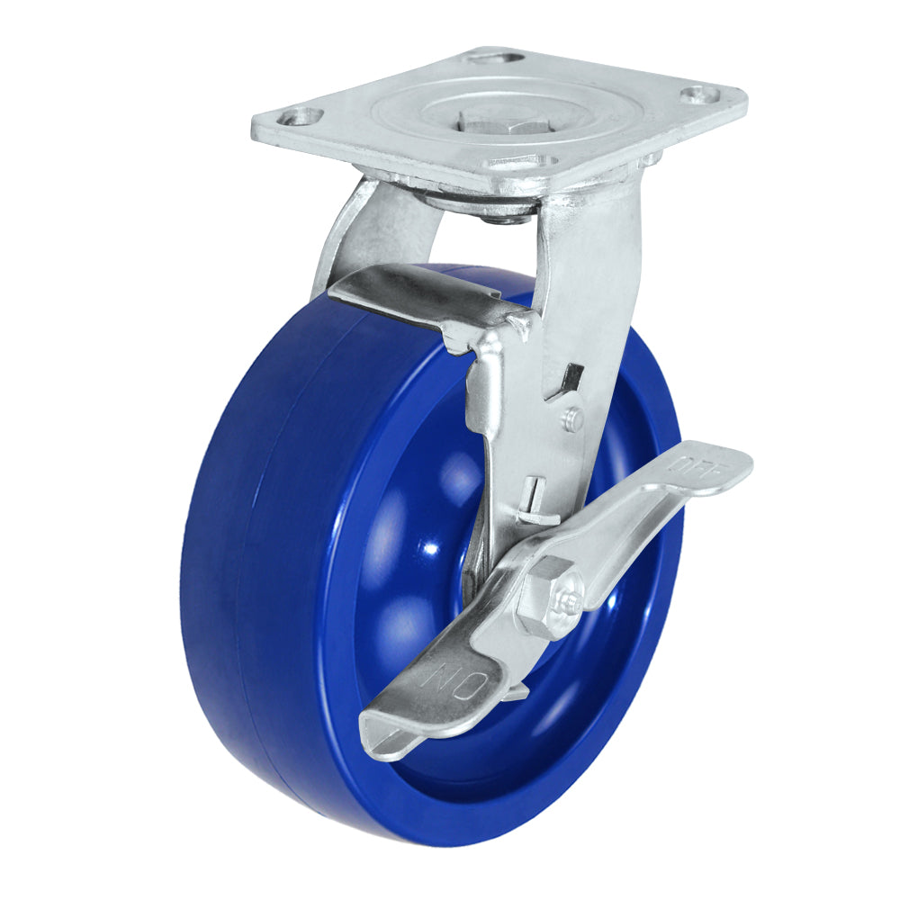 Swivel + side brake caster, 6" x 2" solid polyurethane wheel, Plate 4 x 4-1/2"