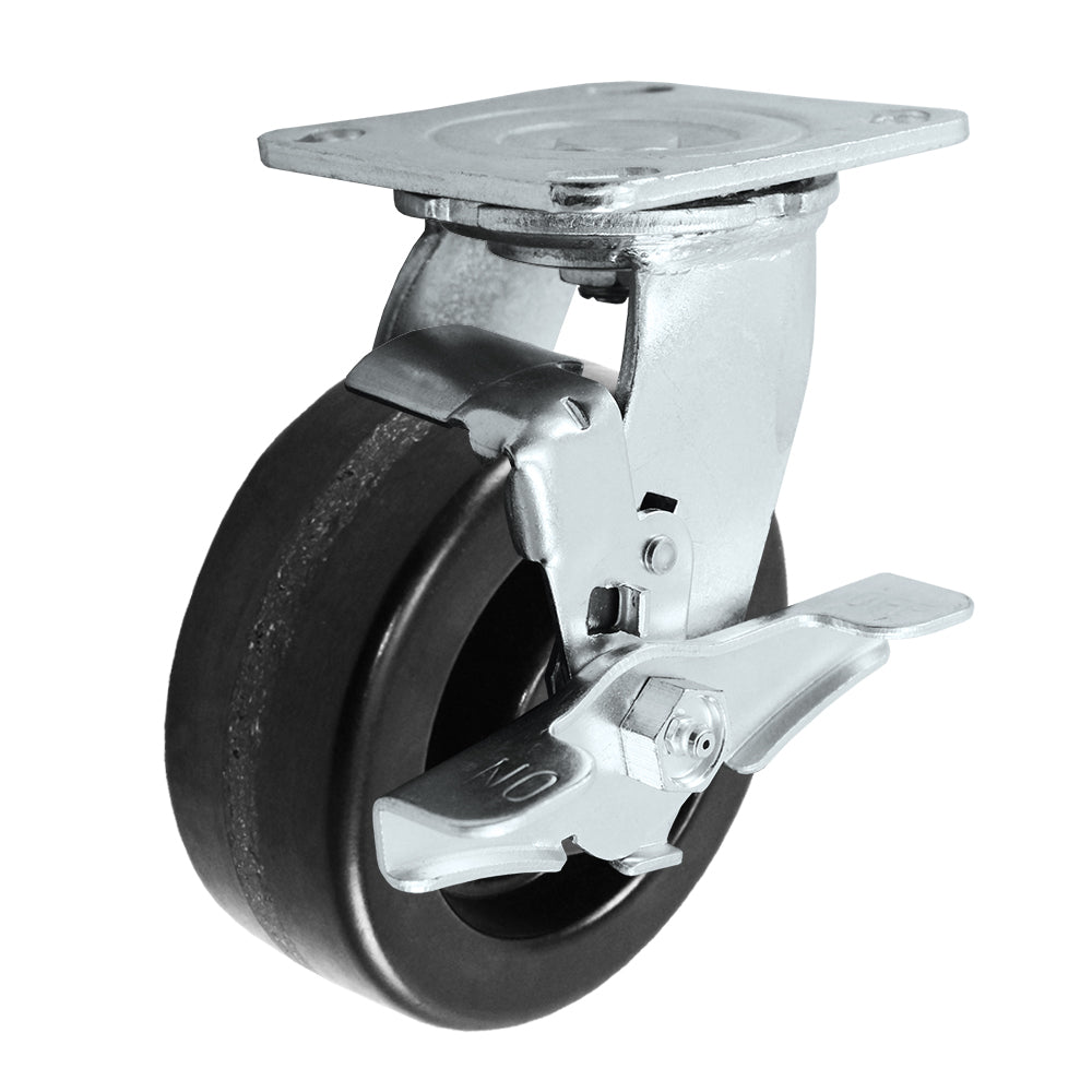 Swivel + side brake caster, 5" x 2" phenolic wheel, Plate 4 x 4-1/2"