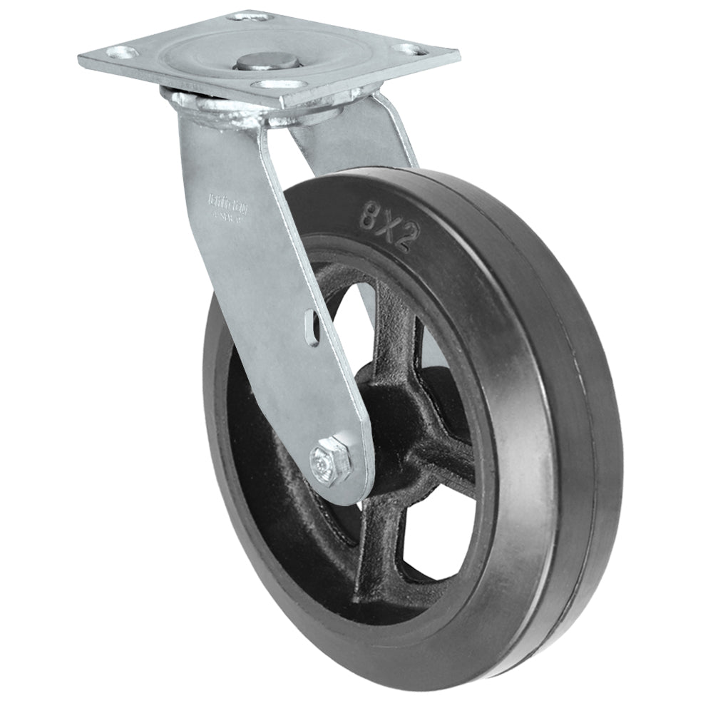 Swivel caster, 8" x 2" rubber on steel wheel, Plate 4 x 4-1/2"