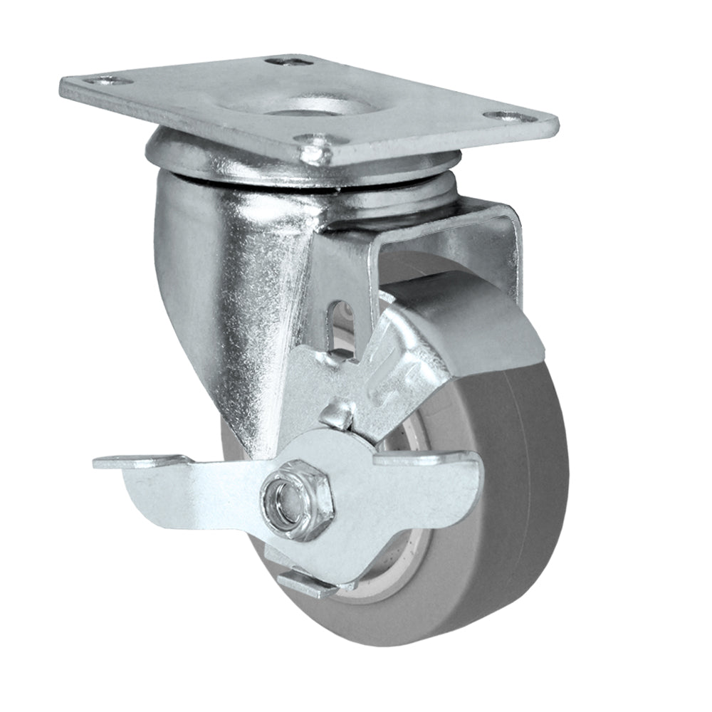 Swivel + side brake caster, 3" x 1-1/4" duratek rubber wheel, Plate 2-3/8 x 3-5/8"