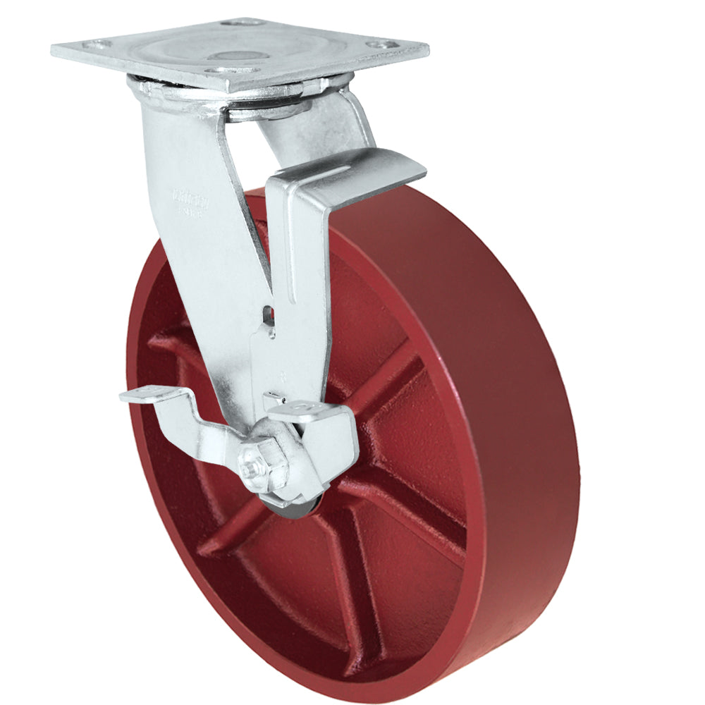 Swivel + side brake caster, 8" x 2" ductile steel wheel, Plate 4 x 4-1/2"